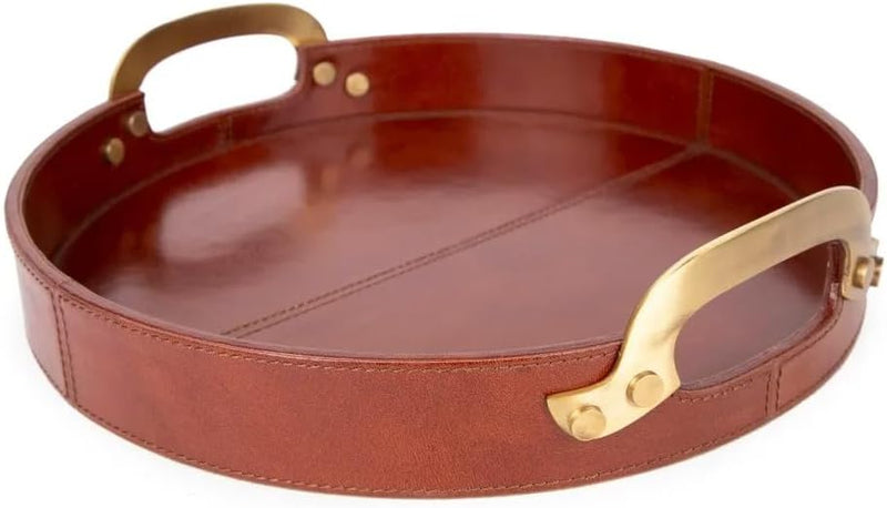 Round Leather Stitched Tray with Brass Handle