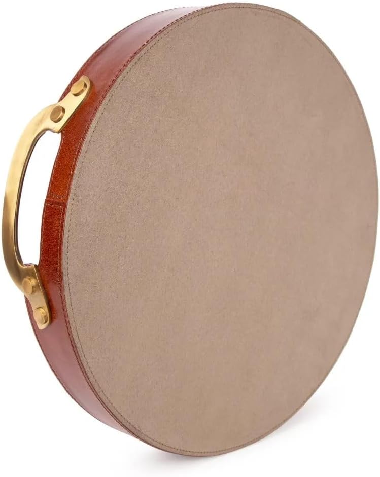 Round Leather Stitched Tray with Brass Handle