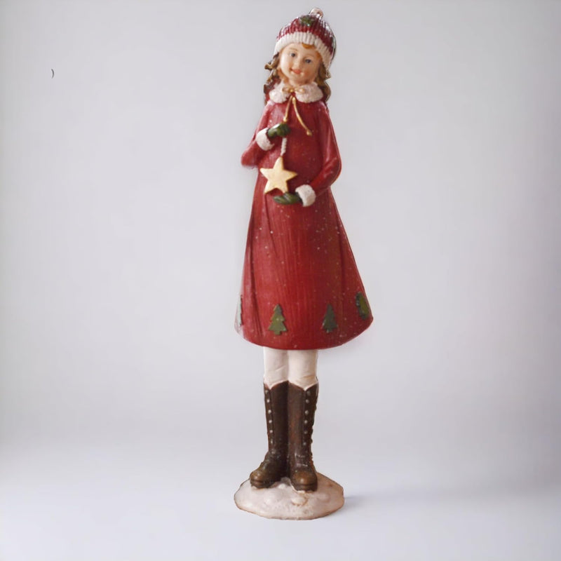 Vintage Style Doll in Red Dress Hat with Display Stand | Christmas Figurine