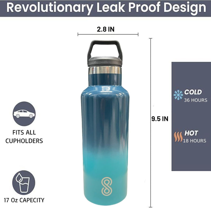 Water Bottle - 17 Oz, Leak Proof - Stainless Steel