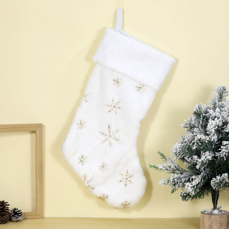 17 Inch Large White Christmas Hanging Stockings with Golden Sequin Snowflakes