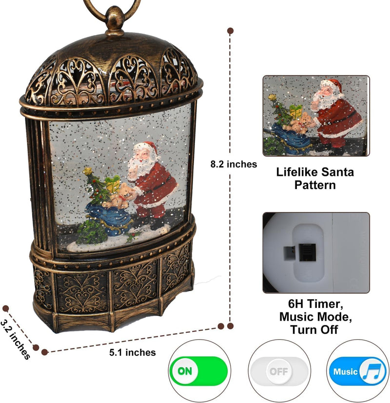 Santa & Teddy Musical Lantern | Battery Operated and USB Powered LED Lighted Swirling Glitter Water Lantern for Tabletop & Home | Christmas Decoration for Home