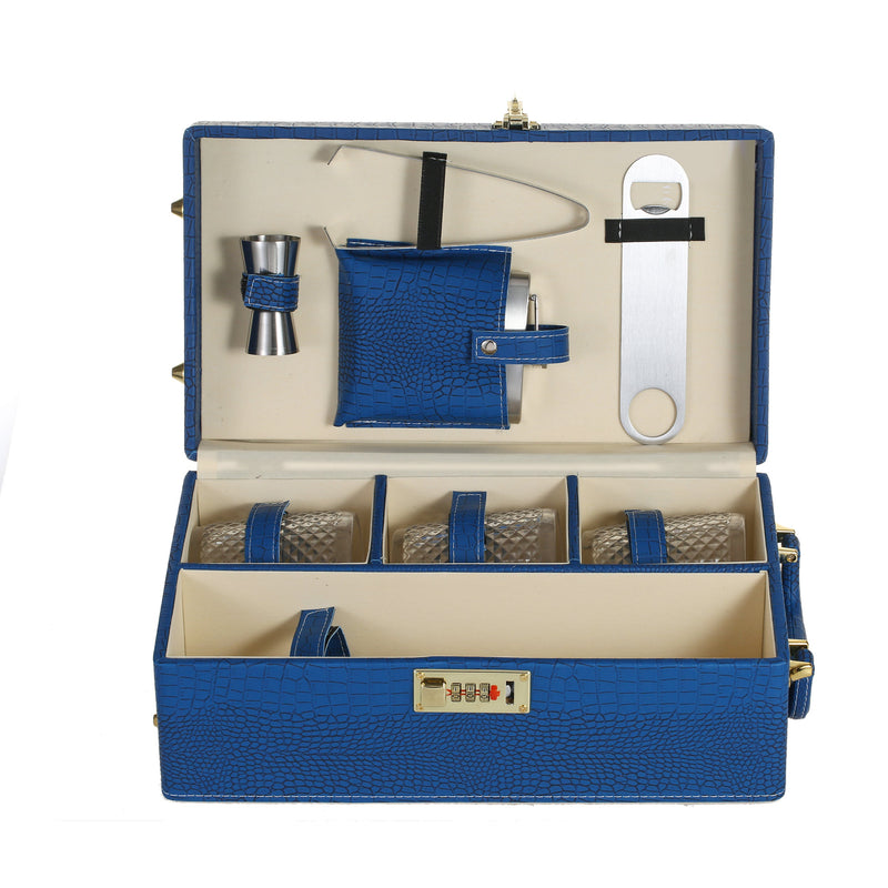 SINT Premium Blue Color Faux Leather Wine/Whiskey traveler Box Set - Includes 4 Accessories and 3 Glasses