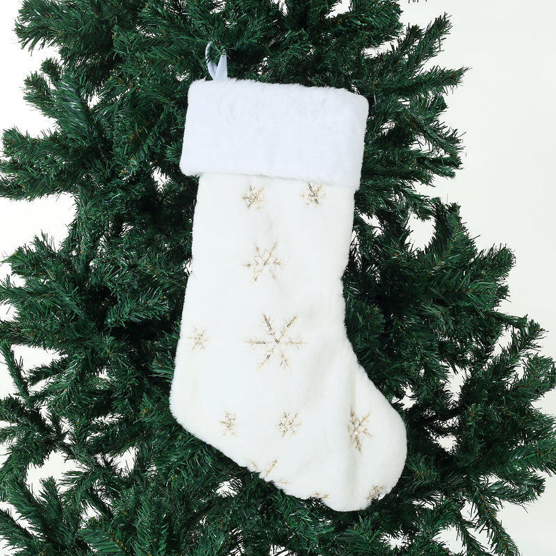 17 Inch Large White Christmas Hanging Stockings with Golden Sequin Snowflakes