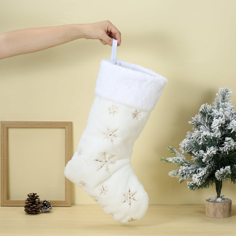 17 Inch Large White Christmas Hanging Stockings with Golden Sequin Snowflakes