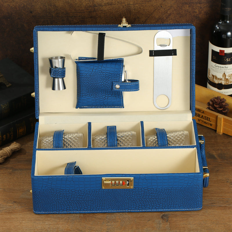 SINT Premium Blue Color Faux Leather Wine/Whiskey traveler Box Set - Includes 4 Accessories and 3 Glasses