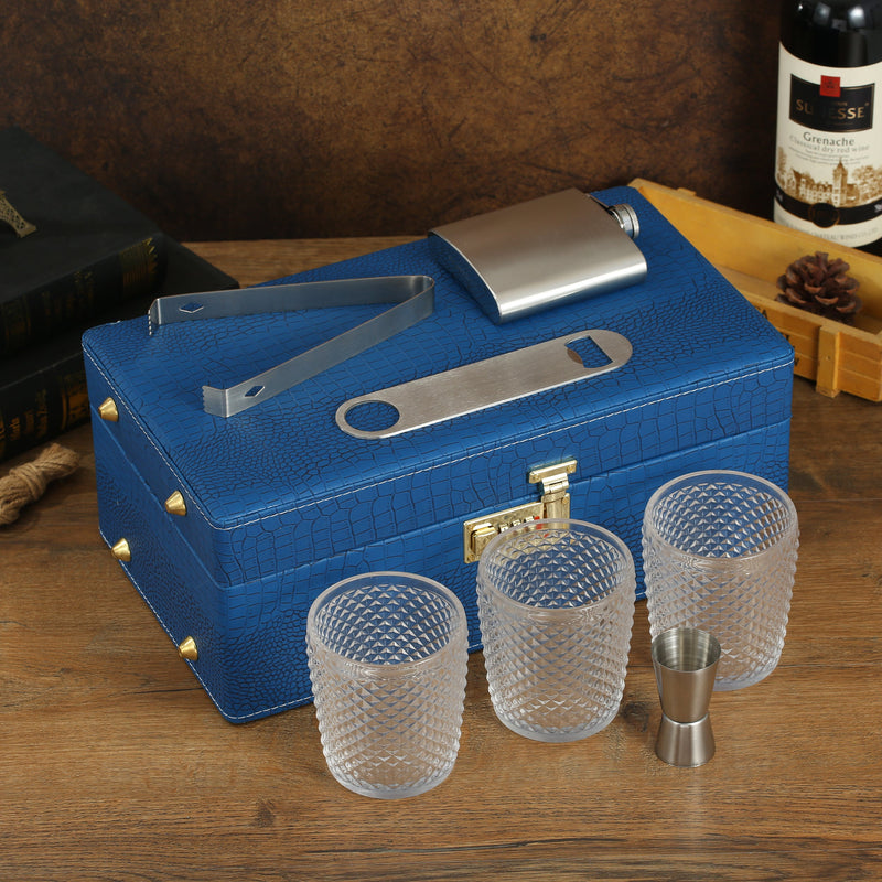 SINT Premium Blue Color Faux Leather Wine/Whiskey traveler Box Set - Includes 4 Accessories and 3 Glasses