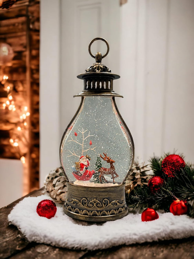 Snow Globe Santa & Elk Musical Lantern for Christmas, Lighted Swirling Glitter Water Lantern