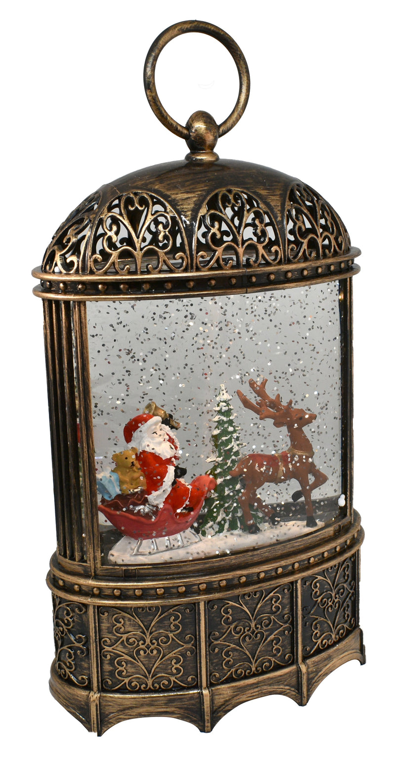 Santa & Elk Musical Lantern | Battery Operated and USB Powered LED Lighted Swirling Glitter Water Lantern for Tabletop & Home | Christmas Decoration for Home