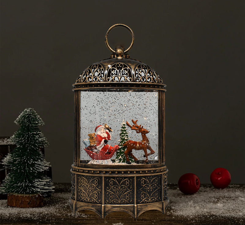 Santa & Elk Musical Lantern | Battery Operated and USB Powered LED Lighted Swirling Glitter Water Lantern for Tabletop & Home | Christmas Decoration for Home