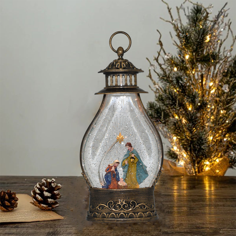 Snow Globe Jesus Family Musical Lantern for Christmas, Lighted Swirling Glitter Water Lantern