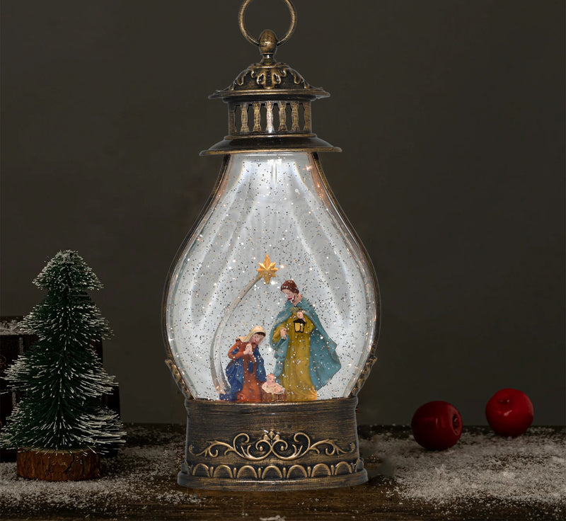 Snow Globe Jesus Family Musical Lantern for Christmas, Lighted Swirling Glitter Water Lantern