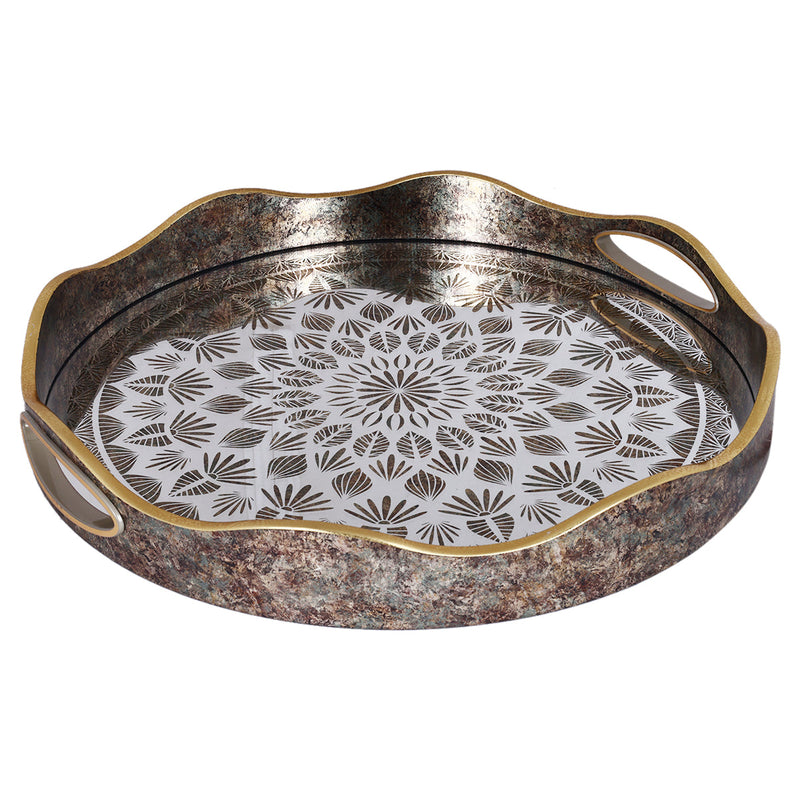 Round Plastic Serving Tray with Handles, Black-Gold